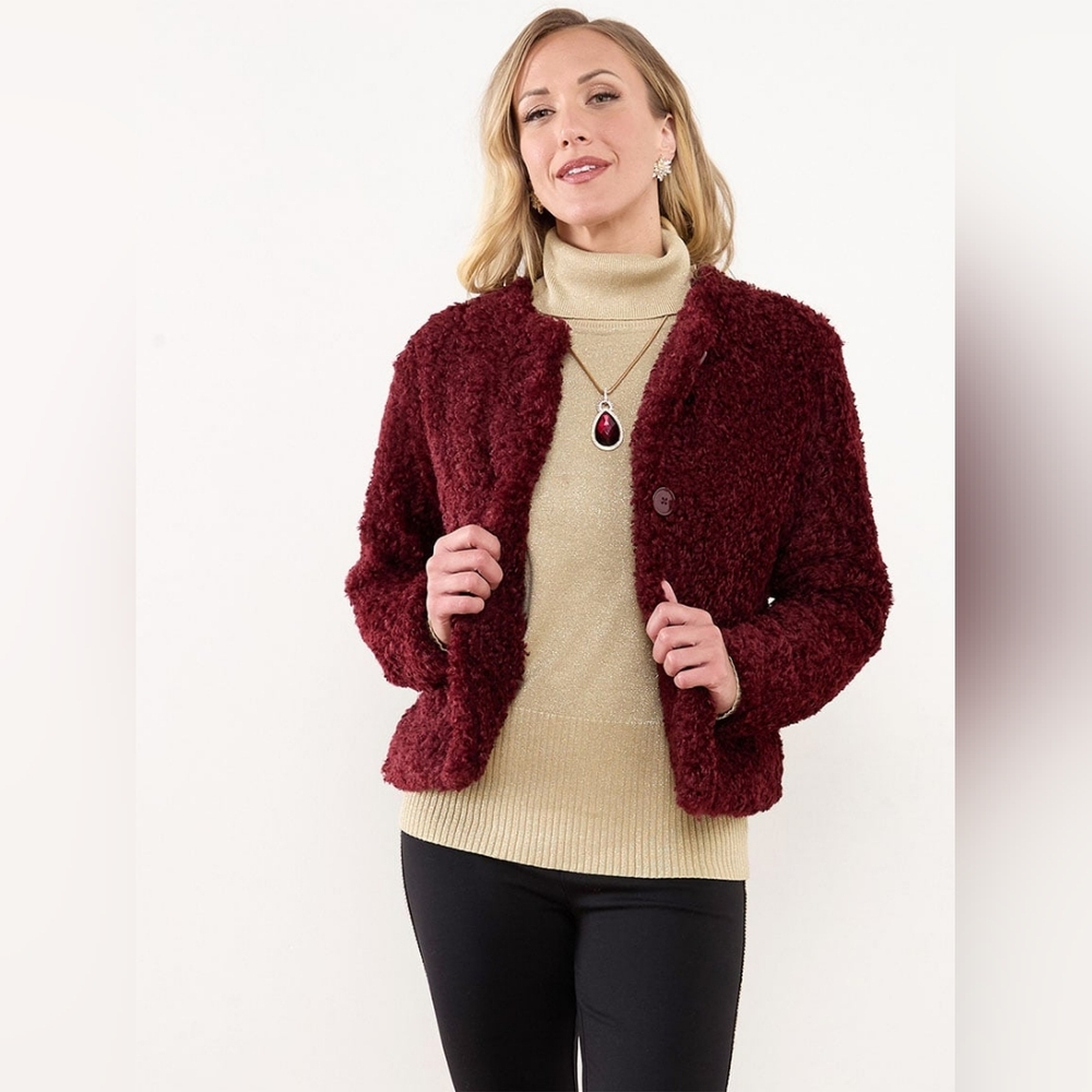 Deep Red Cropped Teddy Jacket